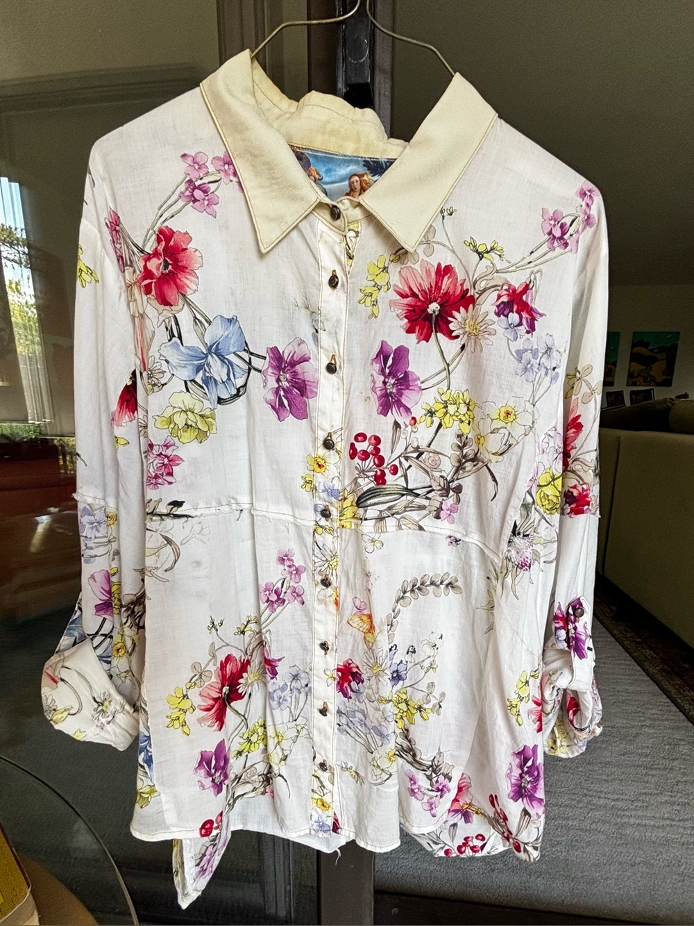 Aratta Embroidered Floral Button-Up White Blouse